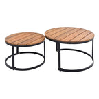 Grey Acacia Wood Outdoor Sectional Sofa with Round Nesting Coffee Tables and Side Storage Shelf, Cushioned Seating
