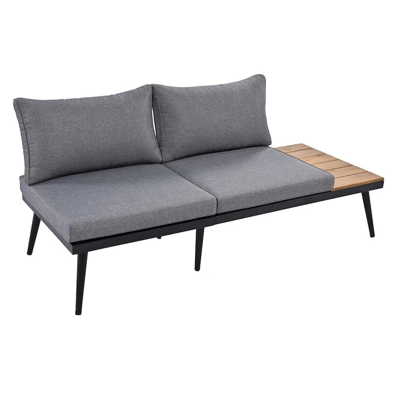 Grey Acacia Wood Outdoor Sectional Sofa with Round Nesting Coffee Tables and Side Storage Shelf, Cushioned Seating