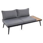Grey Acacia Wood Outdoor Sectional Sofa with Round Nesting Coffee Tables and Side Storage Shelf, Cushioned Seating