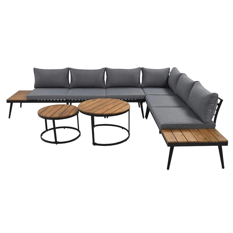 Grey Acacia Wood Outdoor Sectional Sofa with Round Nesting Coffee Tables and Side Storage Shelf, Cushioned Seating
