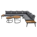 Grey Acacia Wood Outdoor Sectional Sofa with Round Nesting Coffee Tables and Side Storage Shelf, Cushioned Seating