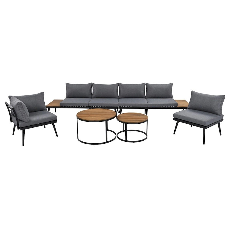 Grey Acacia Wood Outdoor Sectional Sofa with Round Nesting Coffee Tables and Side Storage Shelf, Cushioned Seating