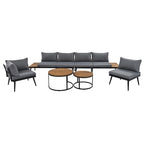 Grey Acacia Wood Outdoor Sectional Sofa with Round Nesting Coffee Tables and Side Storage Shelf, Cushioned Seating