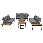 Grey Acacia Wood Outdoor Sectional Sofa with Round Nesting Coffee Tables and Side Storage Shelf, Cushioned Seating