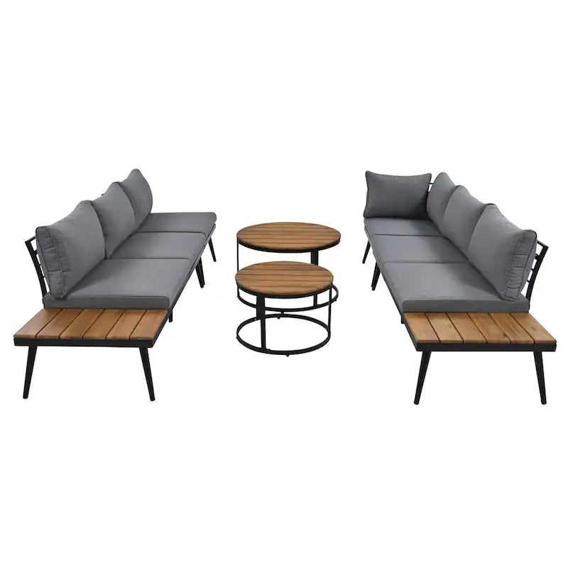 Grey Acacia Wood Outdoor Sectional Sofa with Round Nesting Coffee Tables and Side Storage Shelf, Cushioned Seating