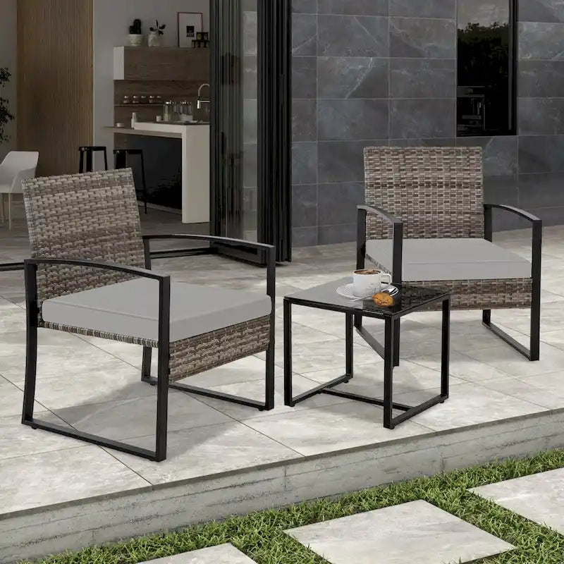 3-Piece Wicker Patio Conversation Set with Cushions and Side Table