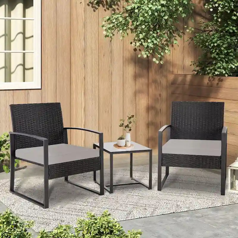 3-Piece Wicker Patio Conversation Set with Cushions and Side Table