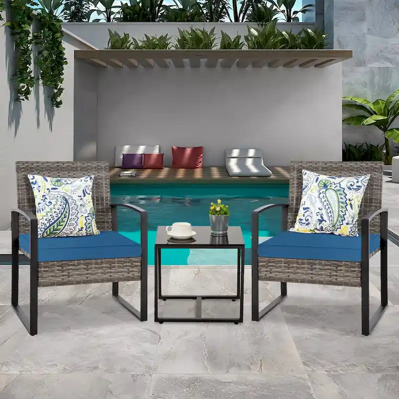 3-Piece Wicker Patio Conversation Set with Cushions and Side Table