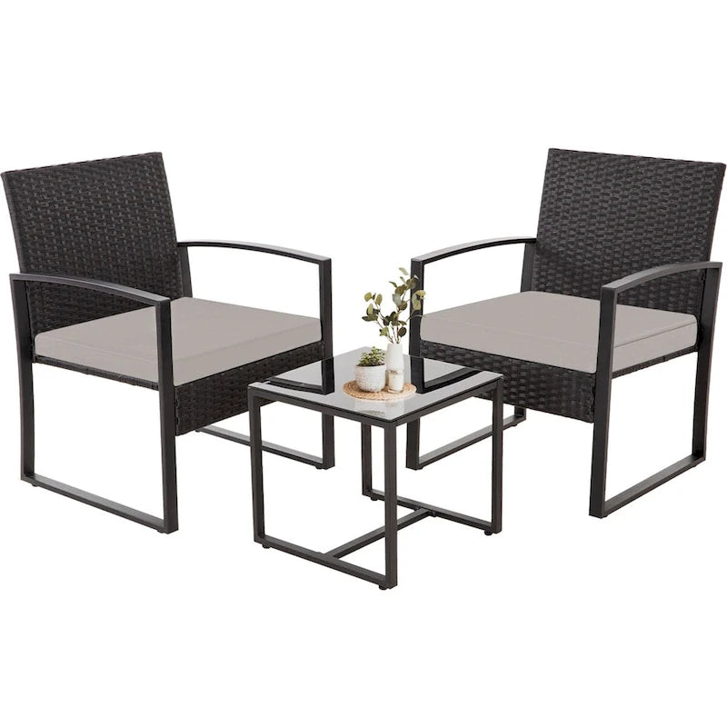 3-Piece Wicker Patio Conversation Set with Cushions and Side Table