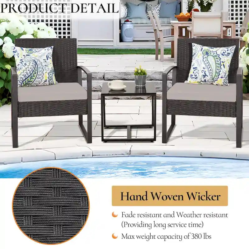 3-Piece Wicker Patio Conversation Set with Cushions and Side Table