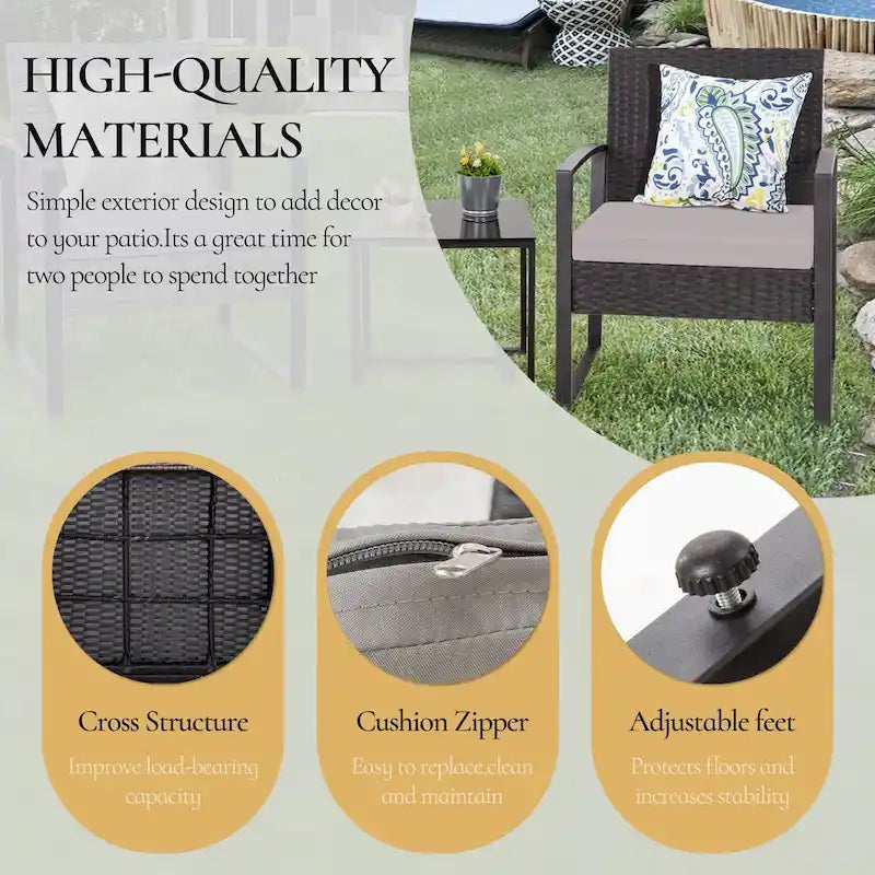 3-Piece Wicker Patio Conversation Set with Cushions and Side Table