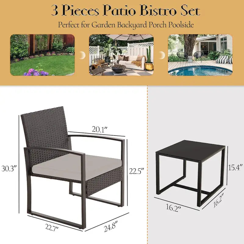 3-Piece Wicker Patio Conversation Set with Cushions and Side Table