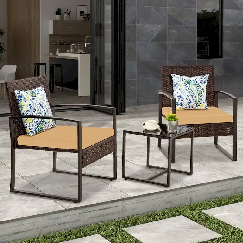 3-Piece Wicker Patio Conversation Set with Cushions and Side Table