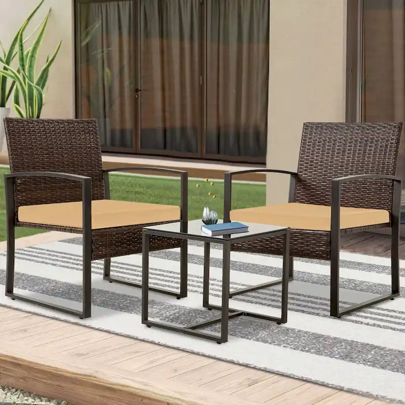 3-Piece Wicker Patio Conversation Set with Cushions and Side Table