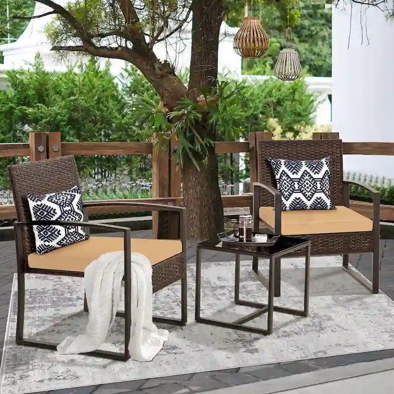 3-Piece Wicker Patio Conversation Set with Cushions and Side Table