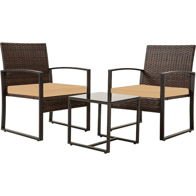 3-Piece Wicker Patio Conversation Set with Cushions and Side Table