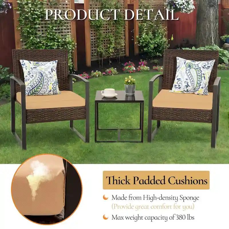 3-Piece Wicker Patio Conversation Set with Cushions and Side Table