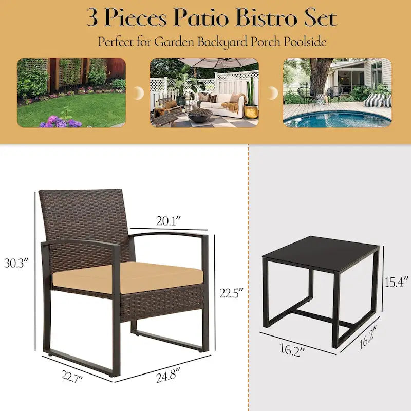 3-Piece Wicker Patio Conversation Set with Cushions and Side Table