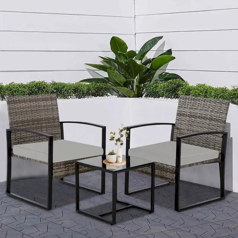 3-Piece Wicker Patio Conversation Set with Cushions and Side Table
