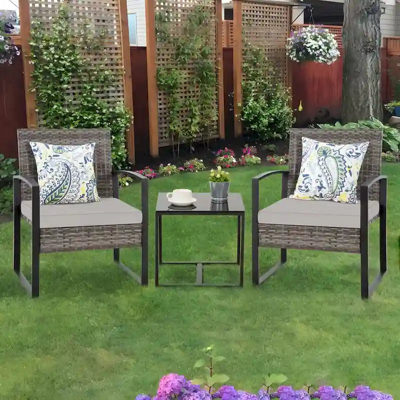 3-Piece Wicker Patio Conversation Set with Cushions and Side Table