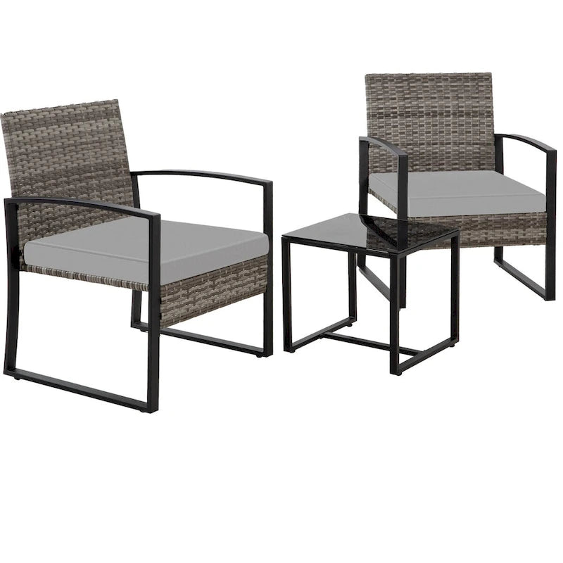 3-Piece Wicker Patio Conversation Set with Cushions and Side Table