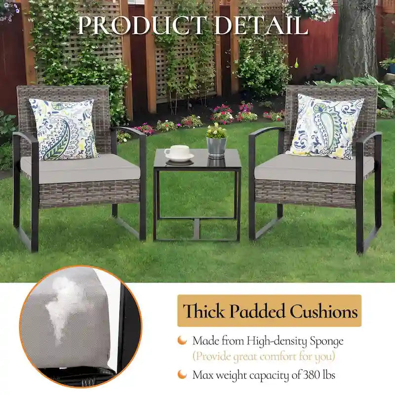 3-Piece Wicker Patio Conversation Set with Cushions and Side Table