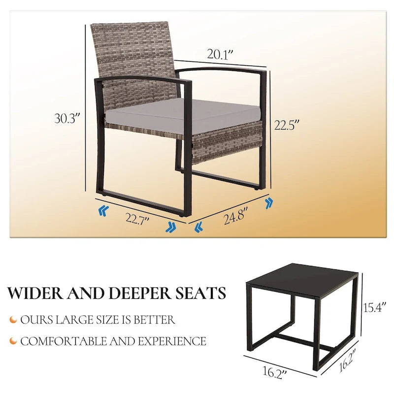 3-Piece Wicker Patio Conversation Set with Cushions and Side Table