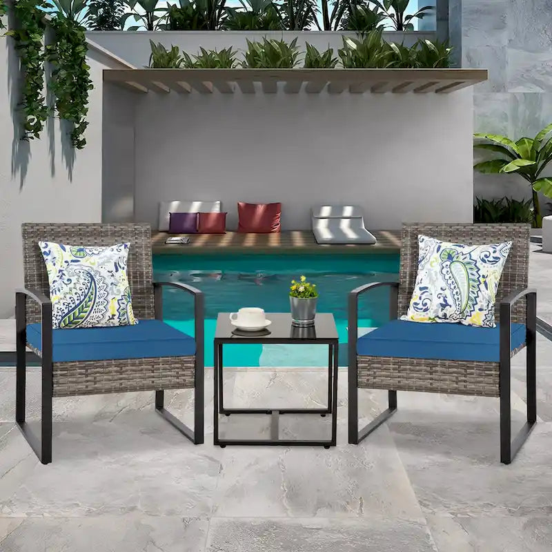 3-Piece Wicker Patio Conversation Set with Cushions and Side Table