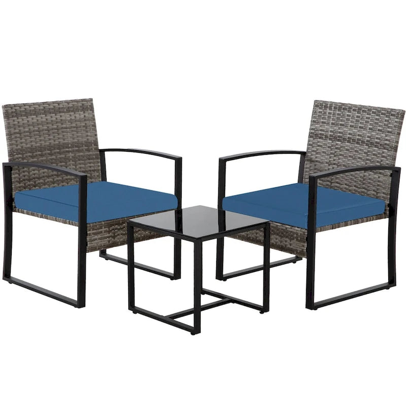 3-Piece Wicker Patio Conversation Set with Cushions and Side Table