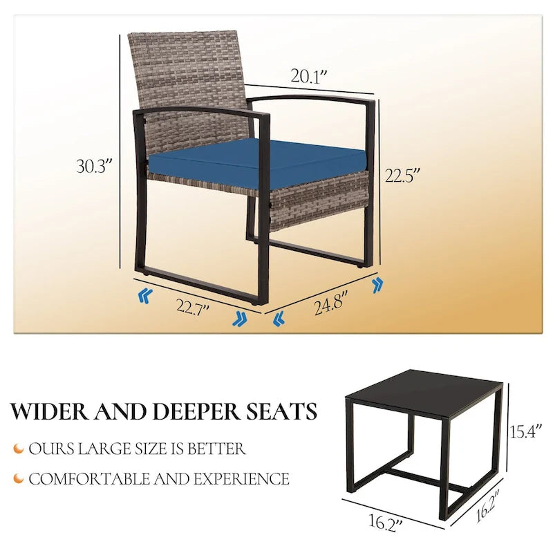 3-Piece Wicker Patio Conversation Set with Cushions and Side Table