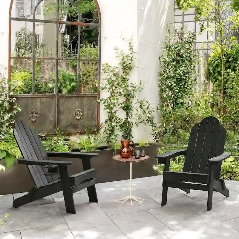 LUE BONA All-Weather Folding Plastic Outdoor Patio Adirondack Chairs With Cup Holder Set of 2 - 35D x 30W x 36.2H
