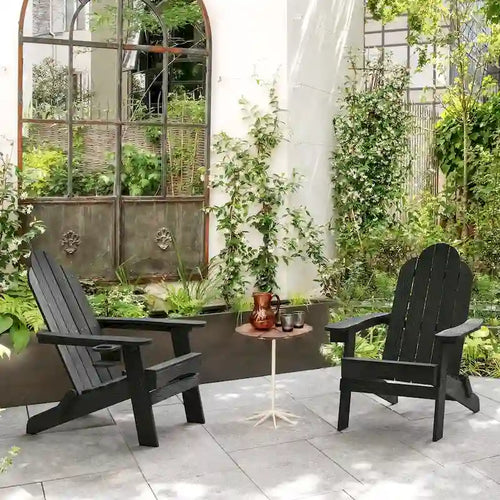 LUE BONA All-Weather Folding Plastic Outdoor Patio Adirondack Chairs With Cup Holder Set of 2 - 35D x 30W x 36.2H