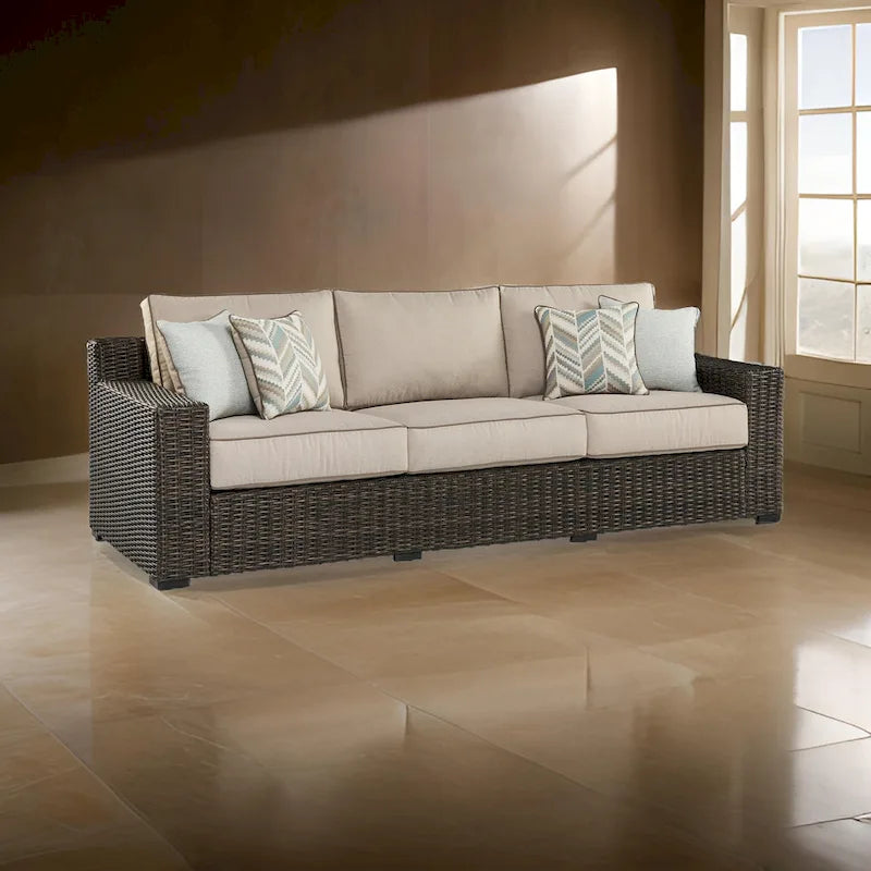 Waga 97 Inch Outdoor Sofa, 4 Throw Pillows, Brown Resin Wicker, Beige