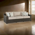 Waga 97 Inch Outdoor Sofa, 4 Throw Pillows, Brown Resin Wicker, Beige