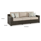 Waga 97 Inch Outdoor Sofa, 4 Throw Pillows, Brown Resin Wicker, Beige