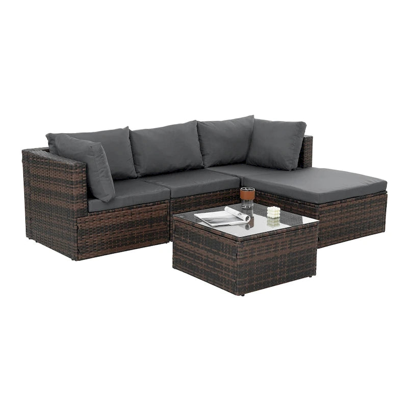 Seasonal PE Wicker Furniture with Tempered Glass Coffee Table