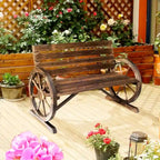 Outdoor Wooden Wagon Wheel Bench, Rustic Patio 2-Person Slatted Seat Bench with Backrest