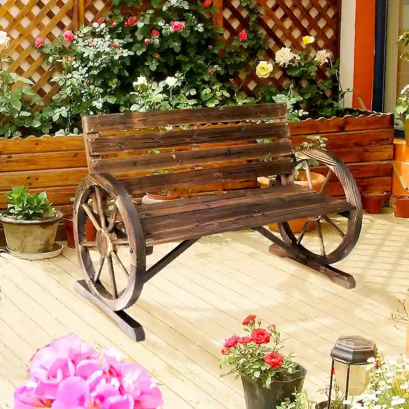 Outdoor Wooden Wagon Wheel Bench, Rustic Patio 2-Person Slatted Seat Bench with Backrest