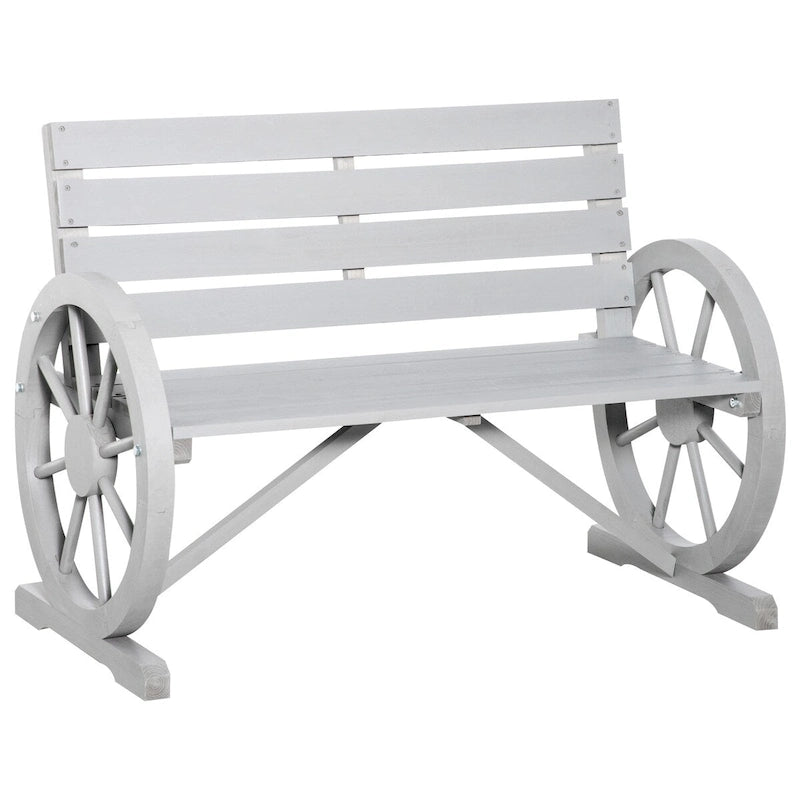 Outdoor Wooden Wagon Wheel Bench, Rustic Patio 2-Person Slatted Seat Bench with Backrest