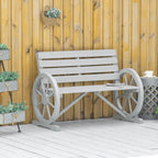 Outdoor Wooden Wagon Wheel Bench, Rustic Patio 2-Person Slatted Seat Bench with Backrest