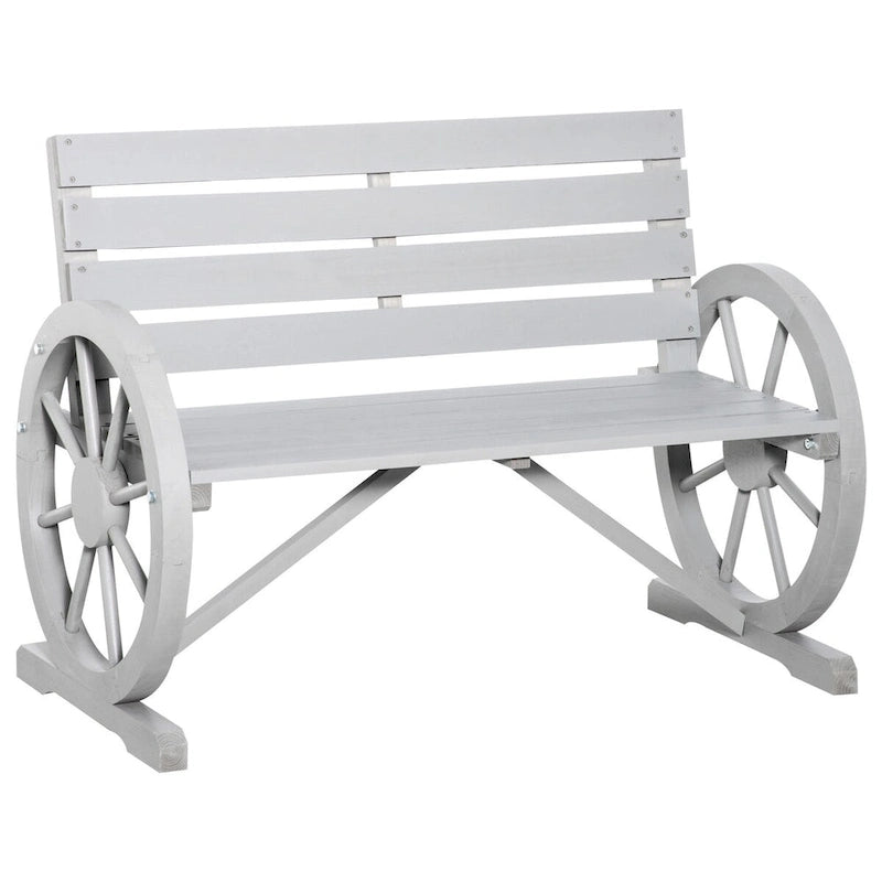 Outdoor Wooden Wagon Wheel Bench, Rustic Patio 2-Person Slatted Seat Bench with Backrest