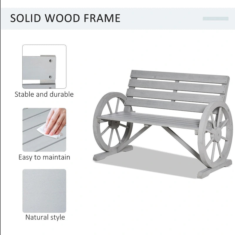 Outdoor Wooden Wagon Wheel Bench, Rustic Patio 2-Person Slatted Seat Bench with Backrest