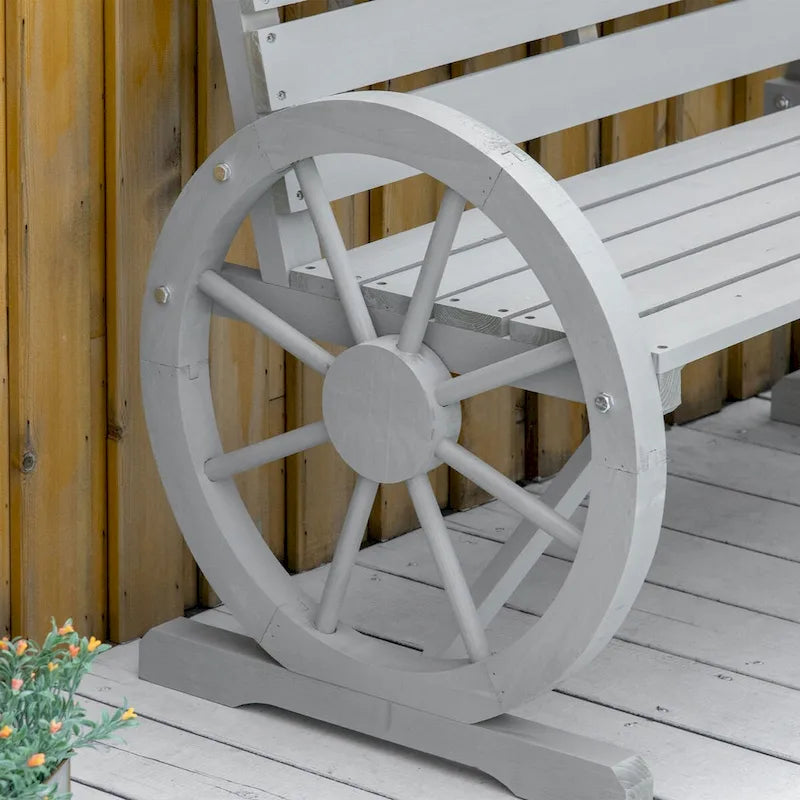 Outdoor Wooden Wagon Wheel Bench, Rustic Patio 2-Person Slatted Seat Bench with Backrest