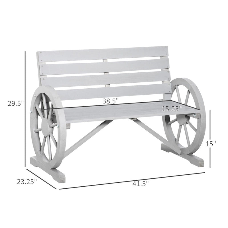 Outdoor Wooden Wagon Wheel Bench, Rustic Patio 2-Person Slatted Seat Bench with Backrest