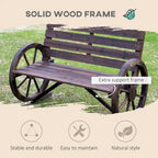 Outdoor Wooden Wagon Wheel Bench, Rustic Patio 2-Person Slatted Seat Bench with Backrest