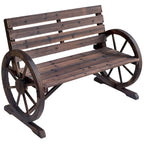 Outdoor Wooden Wagon Wheel Bench, Rustic Patio 2-Person Slatted Seat Bench with Backrest