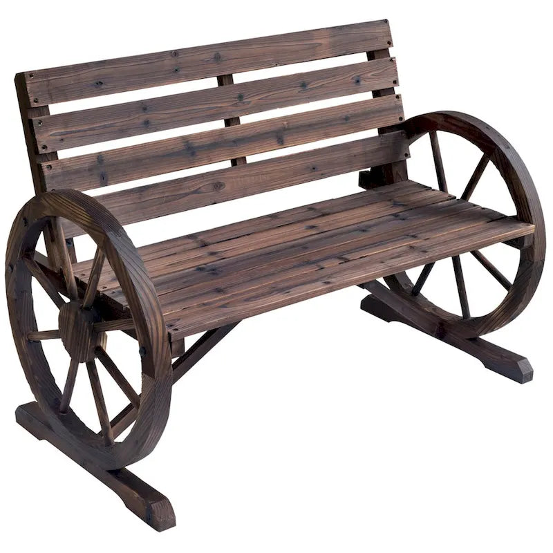 Outdoor Wooden Wagon Wheel Bench, Rustic Patio 2-Person Slatted Seat Bench with Backrest