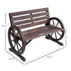 Outdoor Wooden Wagon Wheel Bench, Rustic Patio 2-Person Slatted Seat Bench with Backrest