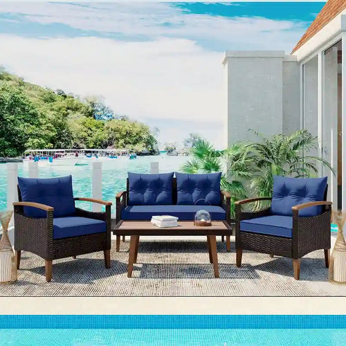 4-Piece Garden Furniture, Patio Seating Set,PE Rattan Outdoor Sofa Set,Wood Table and Legs