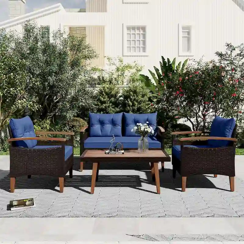 4-Piece Garden Furniture, Patio Seating Set,PE Rattan Outdoor Sofa Set,Wood Table and Legs